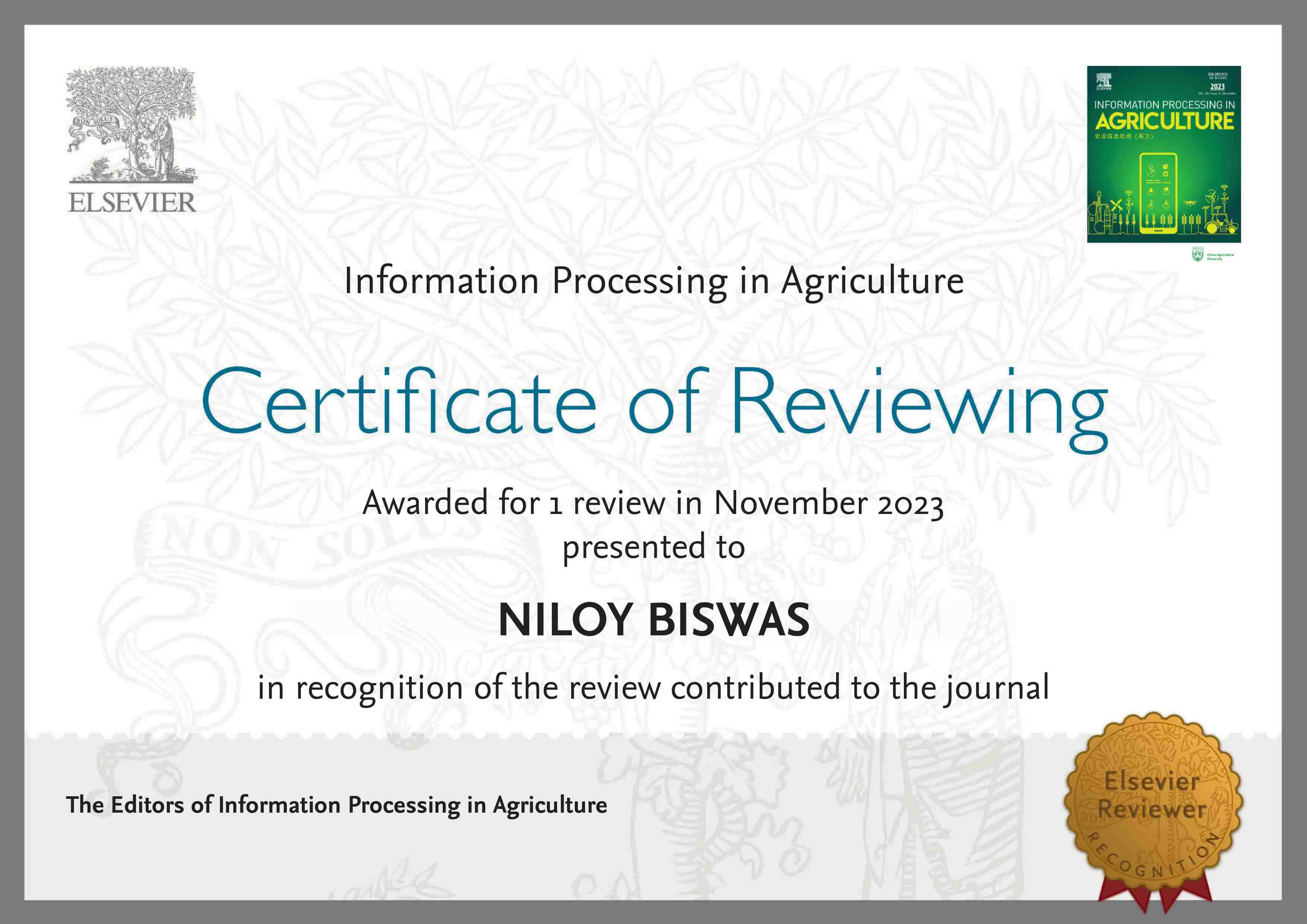 Niloy Biswas - Elsevier Information Processing in Agriculture Reviewer Certificate